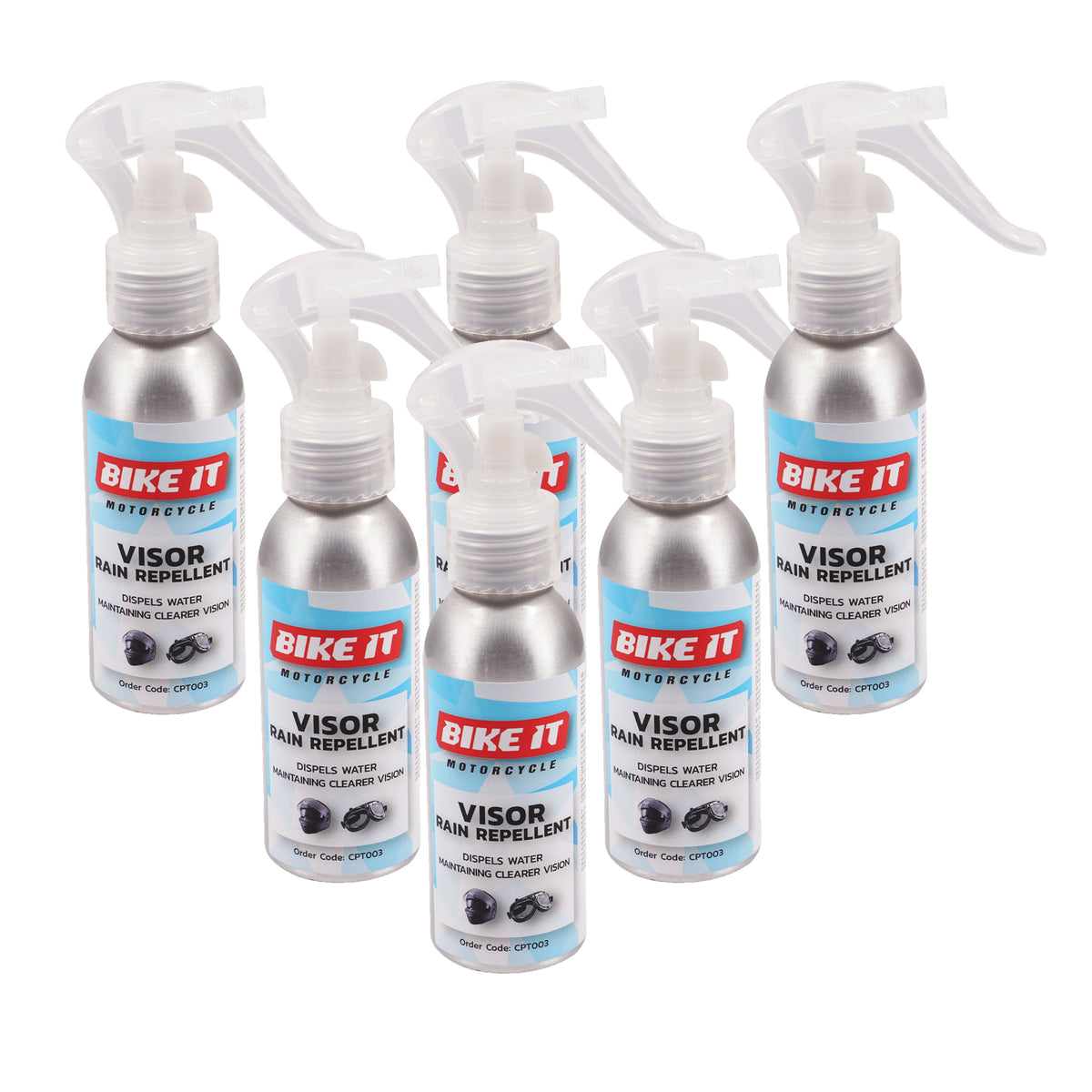 Bike It Motorcycle Helmet Visor Rain Repellent 75ml Pack of 6