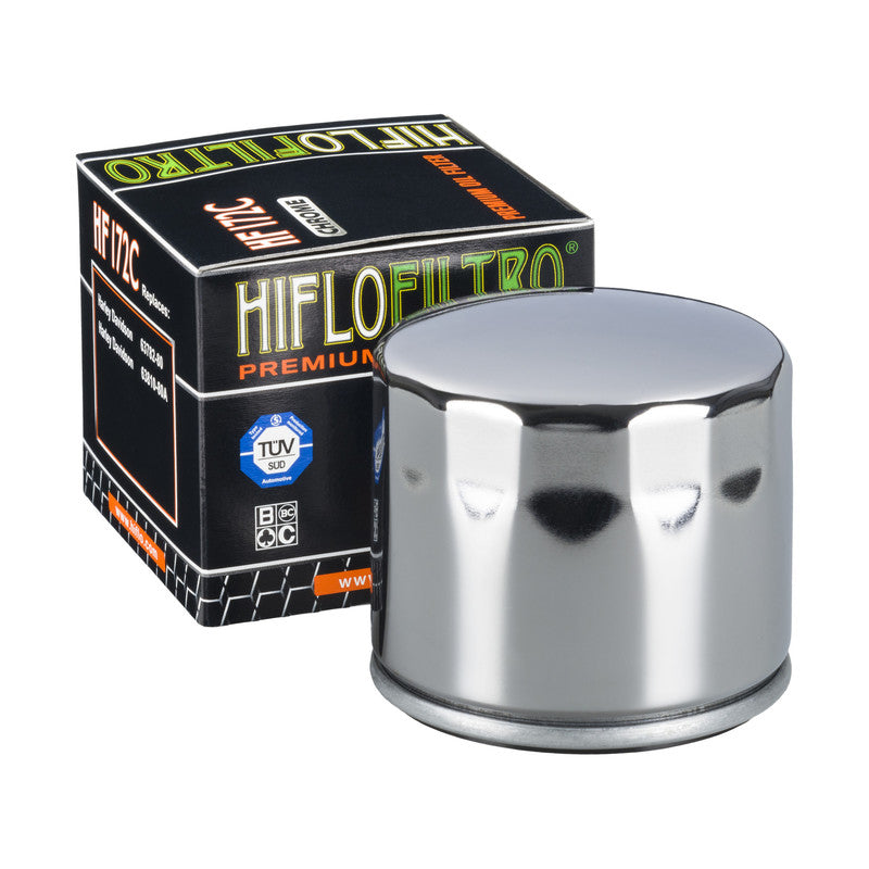 Hiflo Premium Motorcycle Oil Filter HF172C Replaces Harley 63782-80 - Chrome