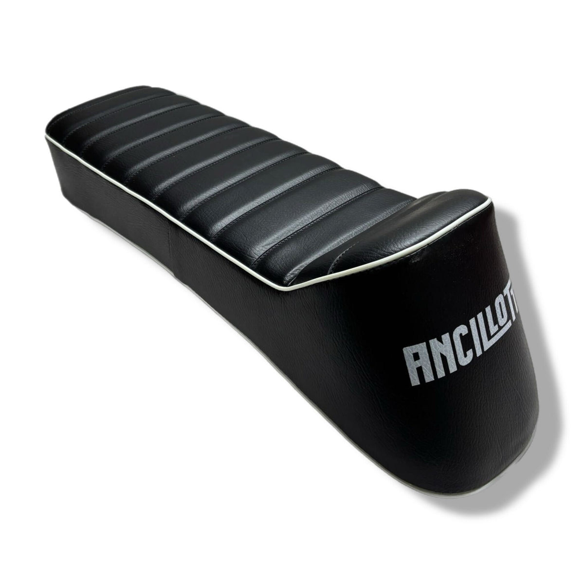 Lambretta S1-3 Li GP SX TV Ancillotti Long Slope Back Seat Side Catch - Black with White Piping & Logo