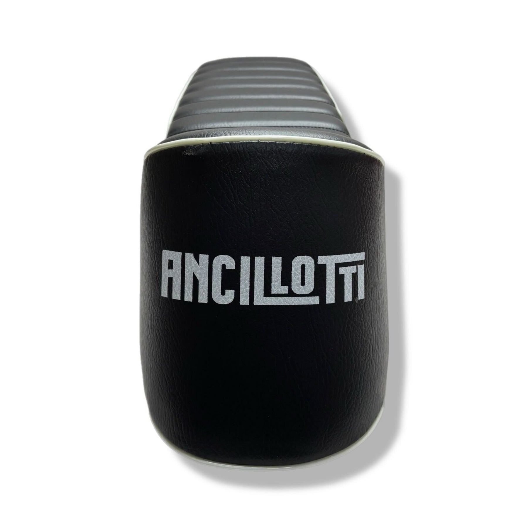 Lambretta S1-3 Li GP SX TV Ancillotti Long Slope Back Seat Side Catch - Black with White Piping & Logo