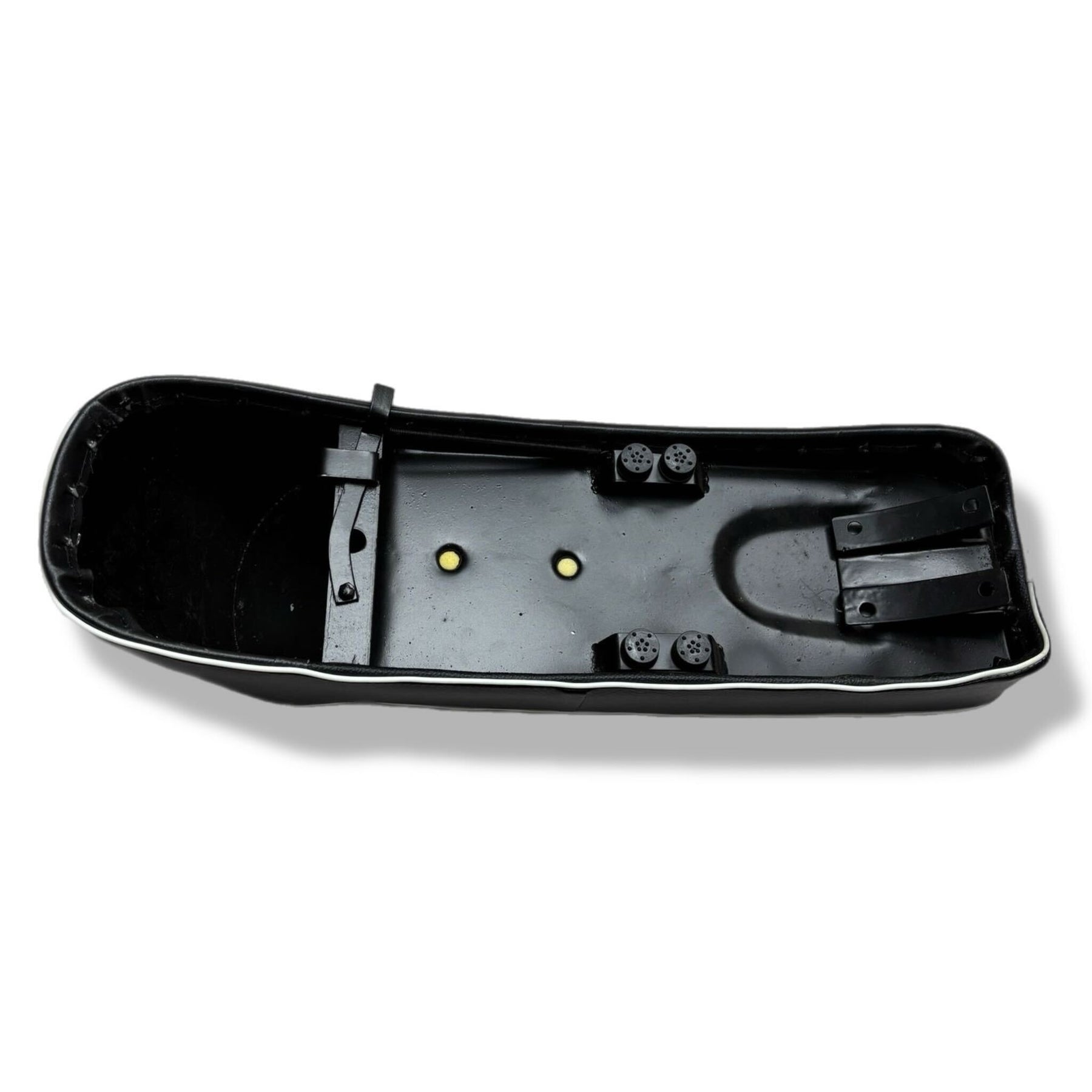 Lambretta S1-3 Li GP SX TV Ancillotti Long Slope Back Seat Side Catch - Black with White Piping & Logo