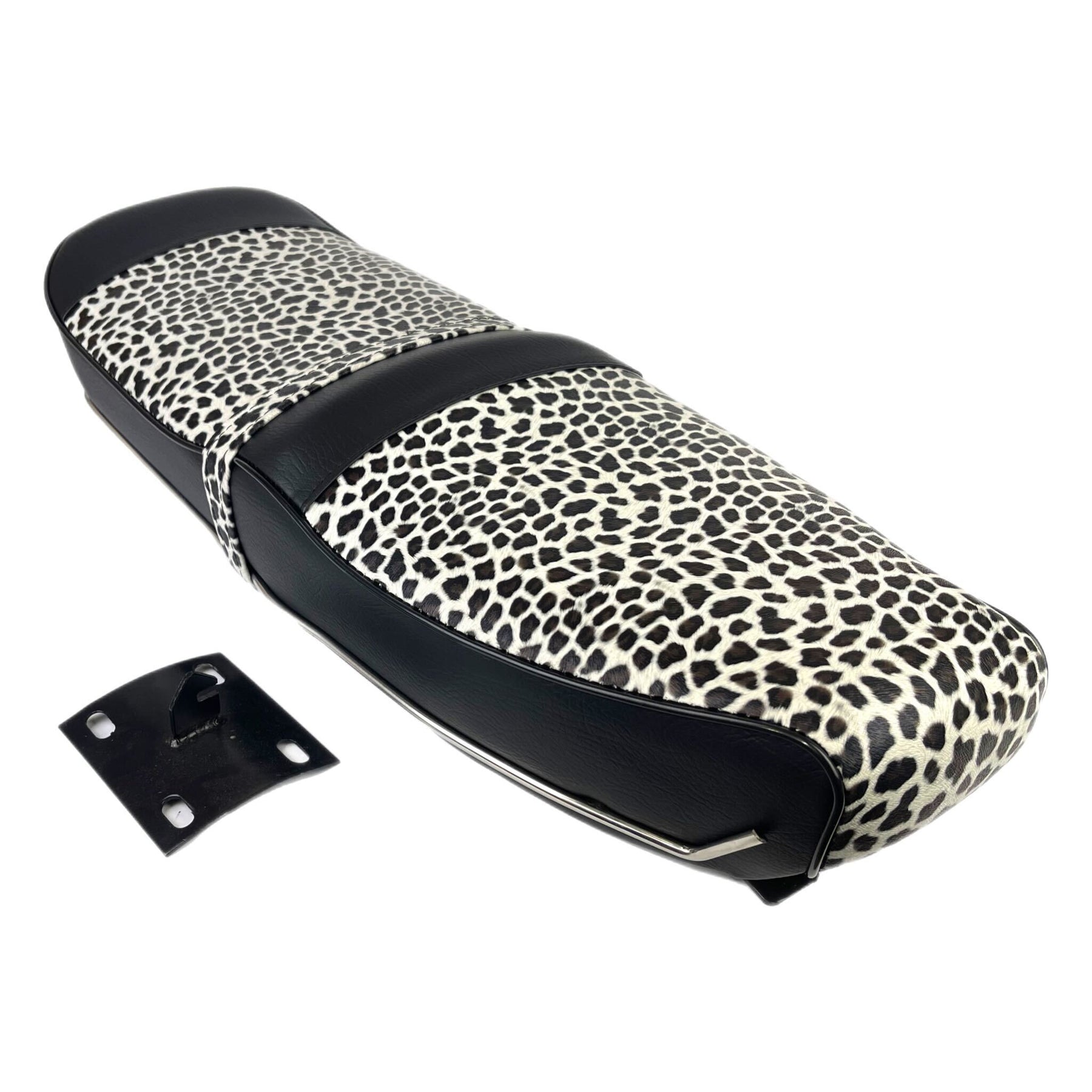 Lambretta Series 1 2 3 Li GP SX TV Pegasus Style Seat - Snow Leopard Print & Black With Stainless Steel Trim