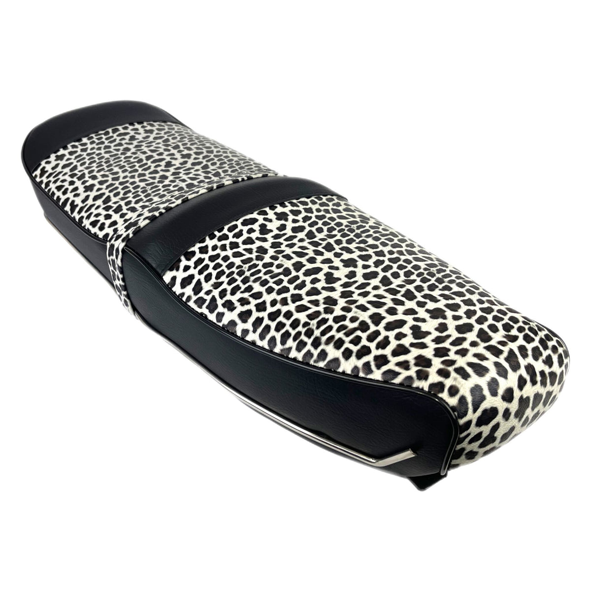 Lambretta Series 1 2 3 Li GP SX TV Pegasus Style Seat - Snow Leopard Print & Black With Stainless Steel Trim