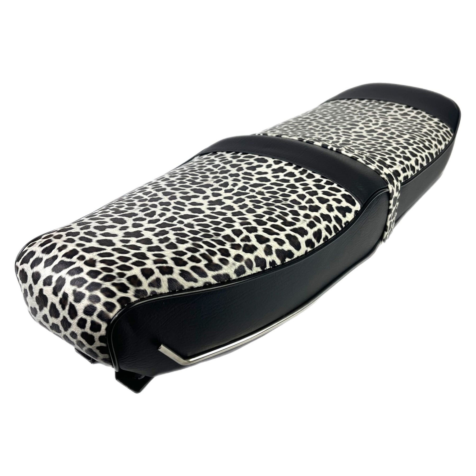 Lambretta Series 1 2 3 Li GP SX TV Pegasus Style Seat - Snow Leopard Print & Black With Stainless Steel Trim