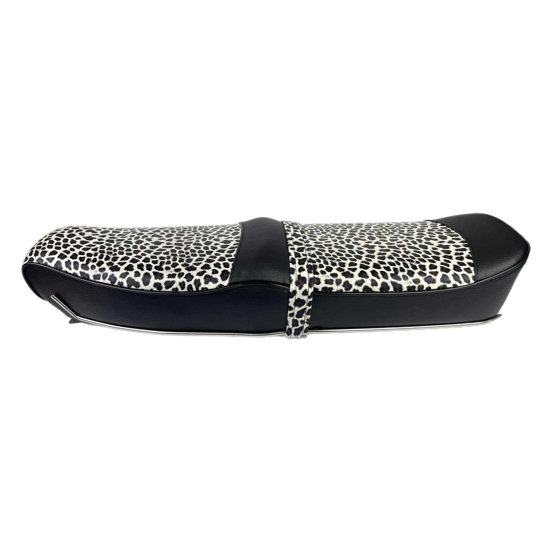 Lambretta Series 1 2 3 Li GP SX TV Pegasus Style Seat - Snow Leopard Print & Black With Stainless Steel Trim