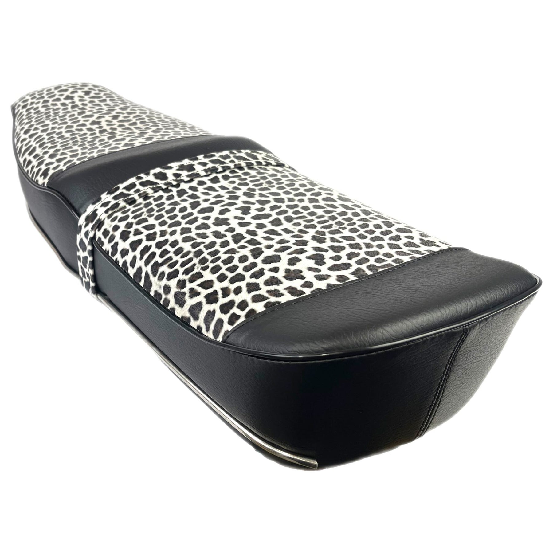 Lambretta Series 1 2 3 Li GP SX TV Pegasus Style Seat - Snow Leopard Print & Black With Stainless Steel Trim