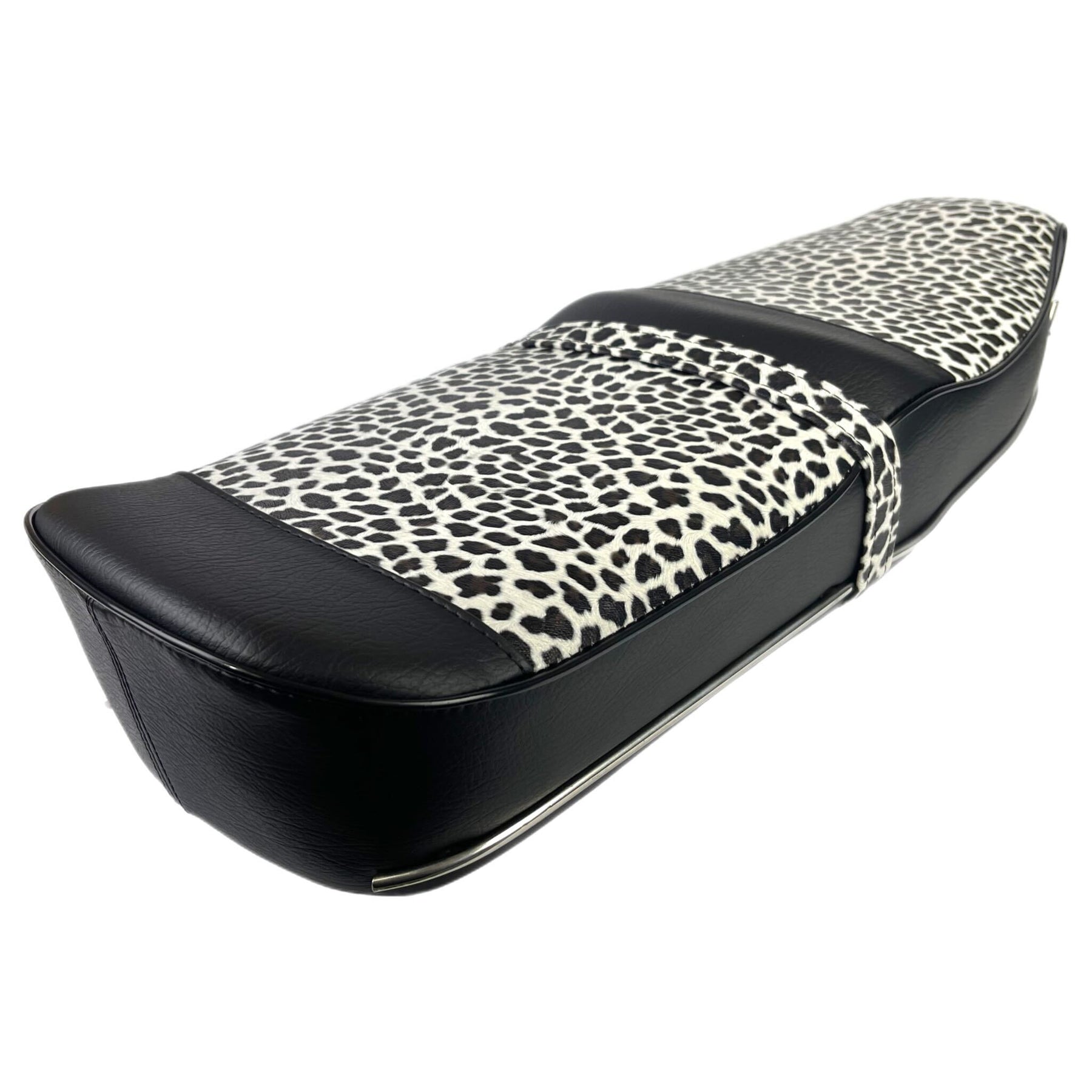 Lambretta Series 1 2 3 Li GP SX TV Pegasus Style Seat - Snow Leopard Print & Black With Stainless Steel Trim