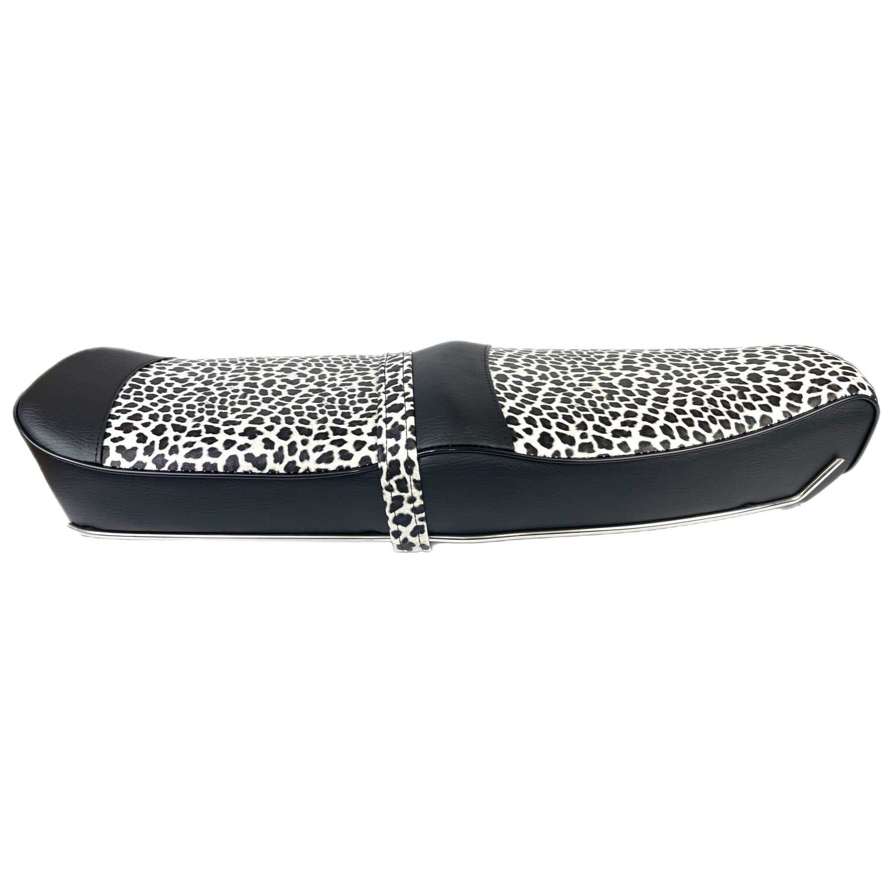 Lambretta Series 1 2 3 Li GP SX TV Pegasus Style Seat - Snow Leopard Print & Black With Stainless Steel Trim