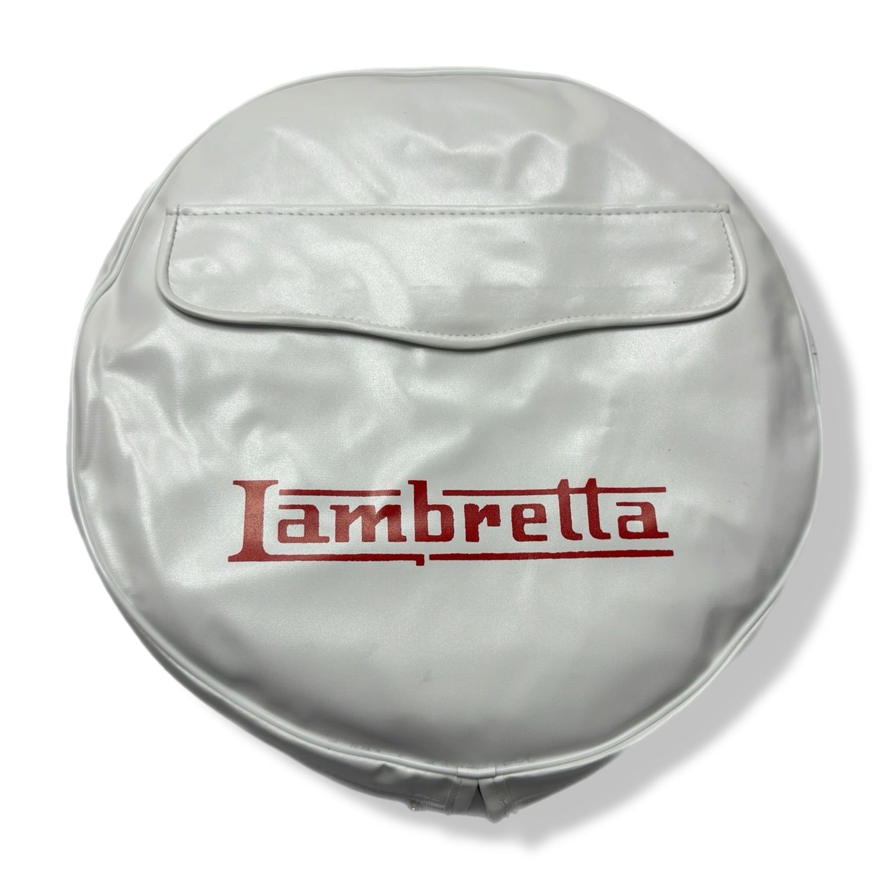 Lambretta 10" Spare Wheel Cover - White with Oxblood Red Logo & Pouch