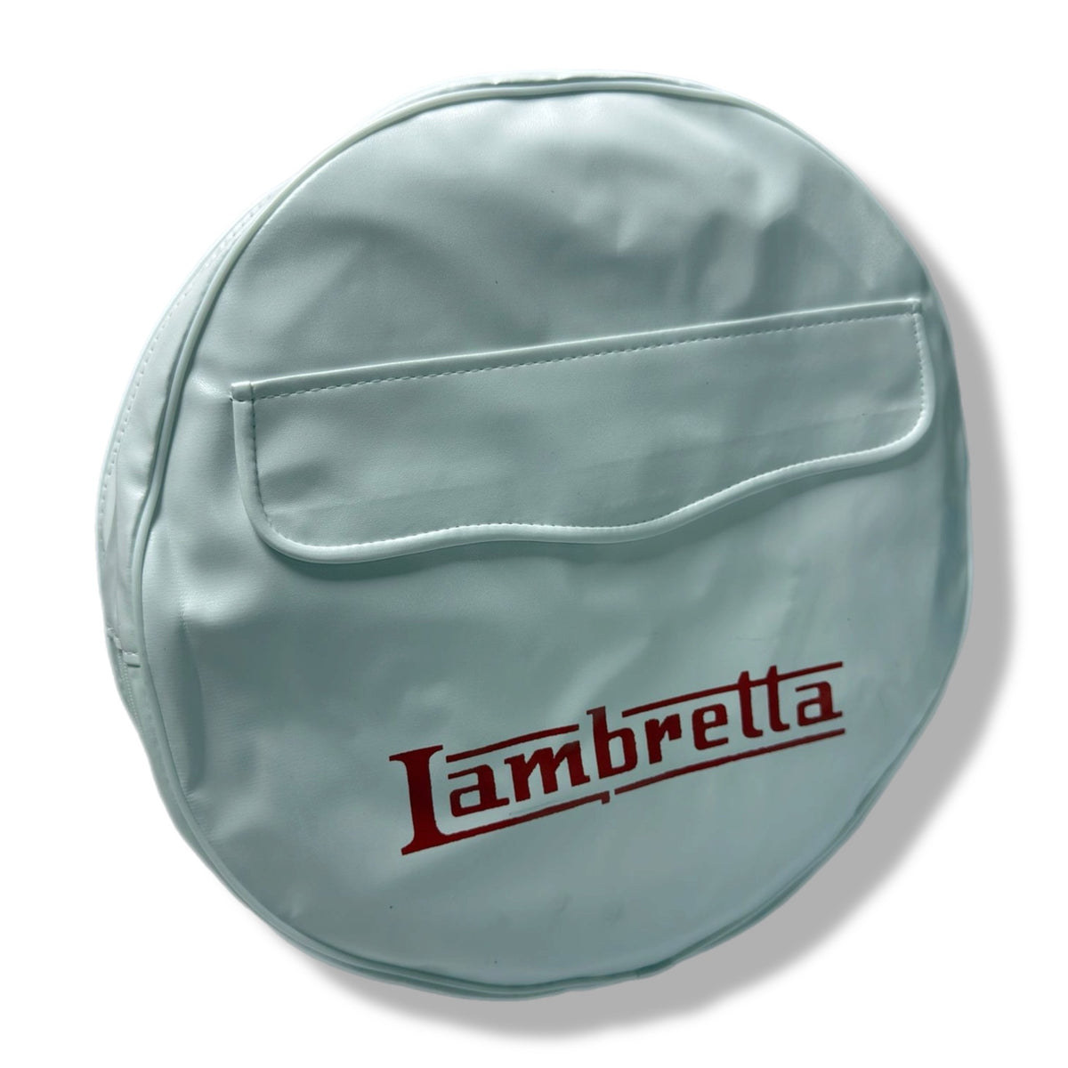 Lambretta 10" Spare Wheel Cover - White with Oxblood Red Logo & Pouch
