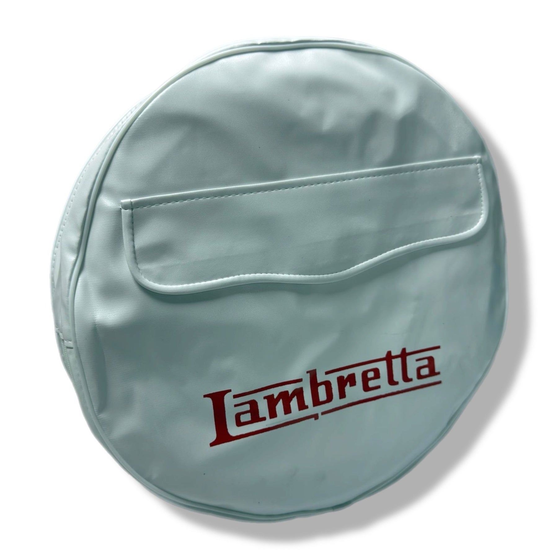 Lambretta 10" Spare Wheel Cover - White with Oxblood Red Logo & Pouch