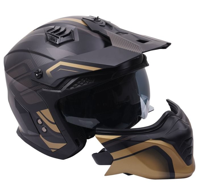 Stealth Fighter Multi Function Motorcycle Full & Open Face Helmet Graphic Orbit Black & Gold Matt