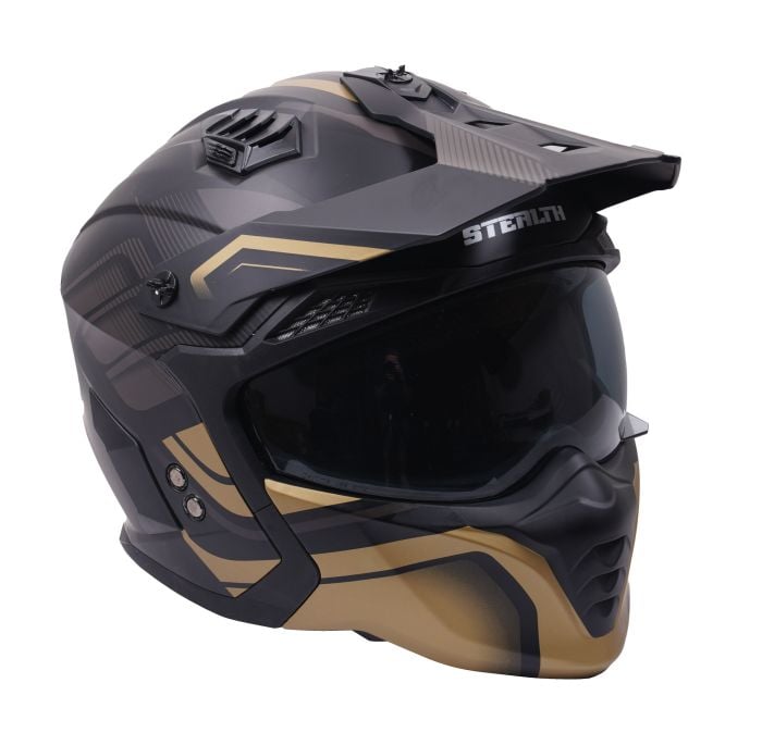 Stealth Fighter Multi Function Motorcycle Full & Open Face Helmet Graphic Orbit Black & Gold Matt
