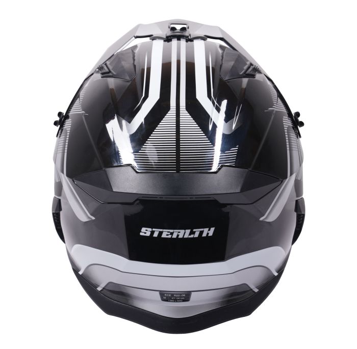 Stealth Fighter Multi Function Motorcycle Full & Open Face Helmet Graphic Orbit Black & Silver Gloss