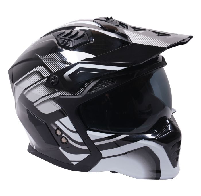 Stealth Fighter Multi Function Motorcycle Full & Open Face Helmet Graphic Orbit Black & Silver Gloss