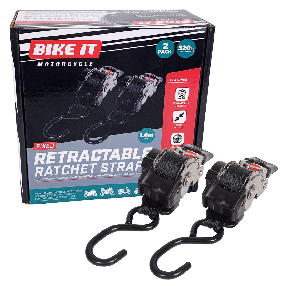 Bike It Fixed Auto Retractable Ratchet Tie Downs 25mm x 1.6m 2pc