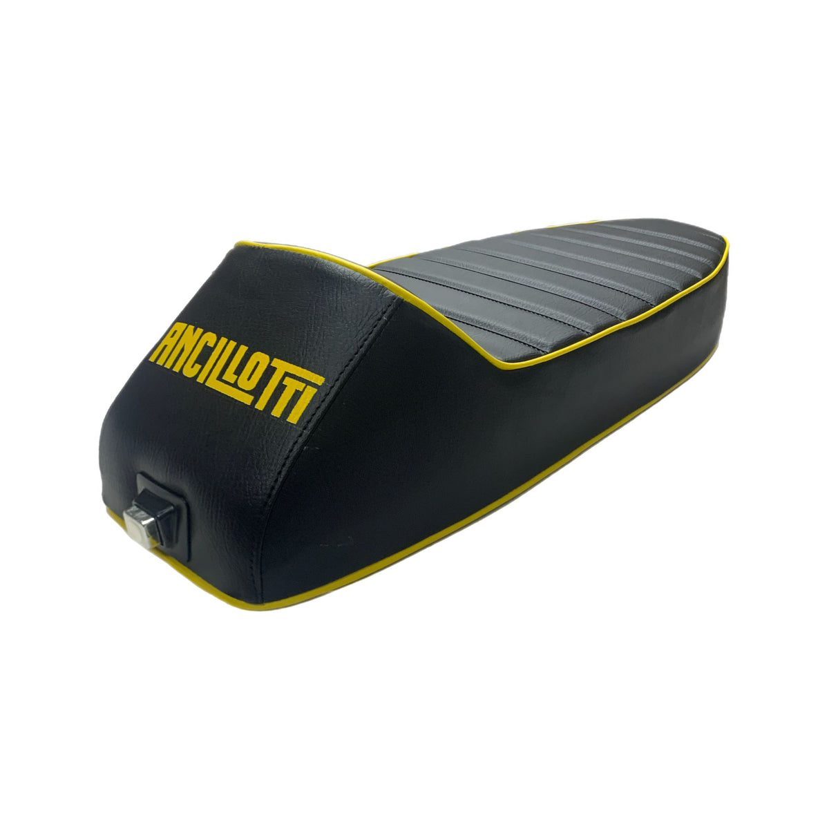 Vespa PX PE T5 Classic LML 2T Slope Back Ancillotti Seat with Logo & Double Pipings - Black with Yellow Piping & Logo