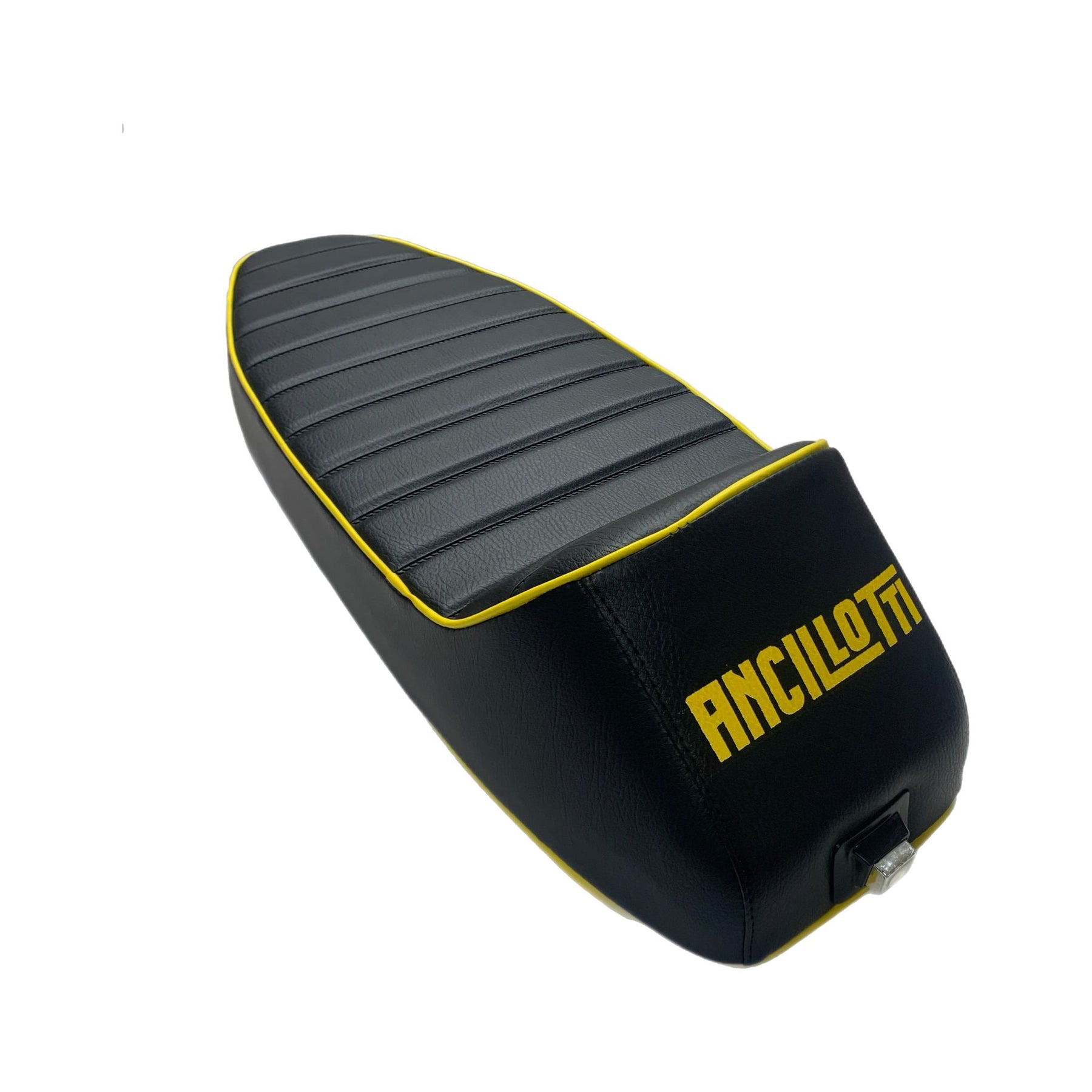 Vespa PX PE T5 Classic LML 2T Slope Back Ancillotti Seat with Logo & Double Pipings - Black with Yellow Piping & Logo
