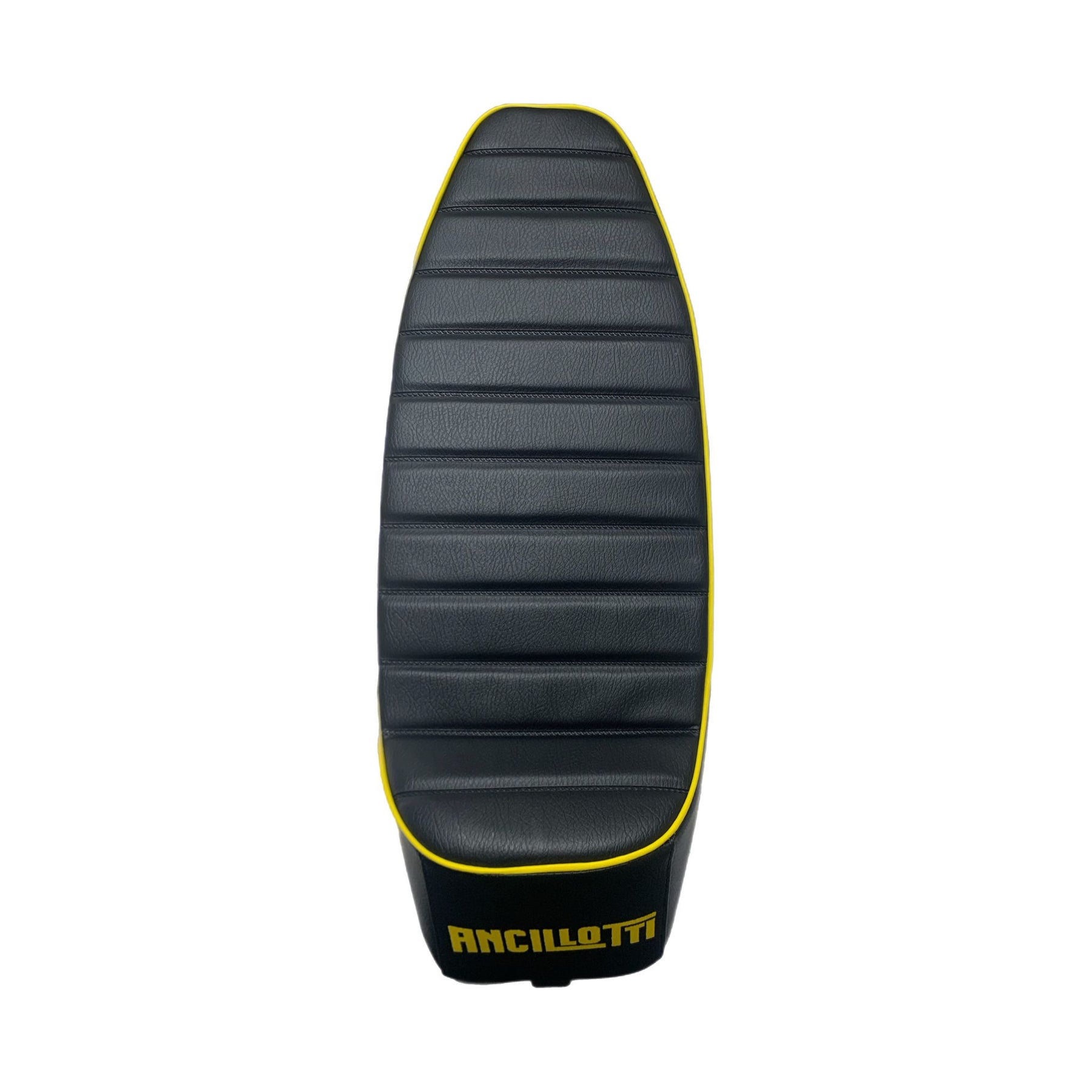 Vespa PX PE T5 Classic LML 2T Slope Back Ancillotti Seat with Logo & Double Pipings - Black with Yellow Piping & Logo