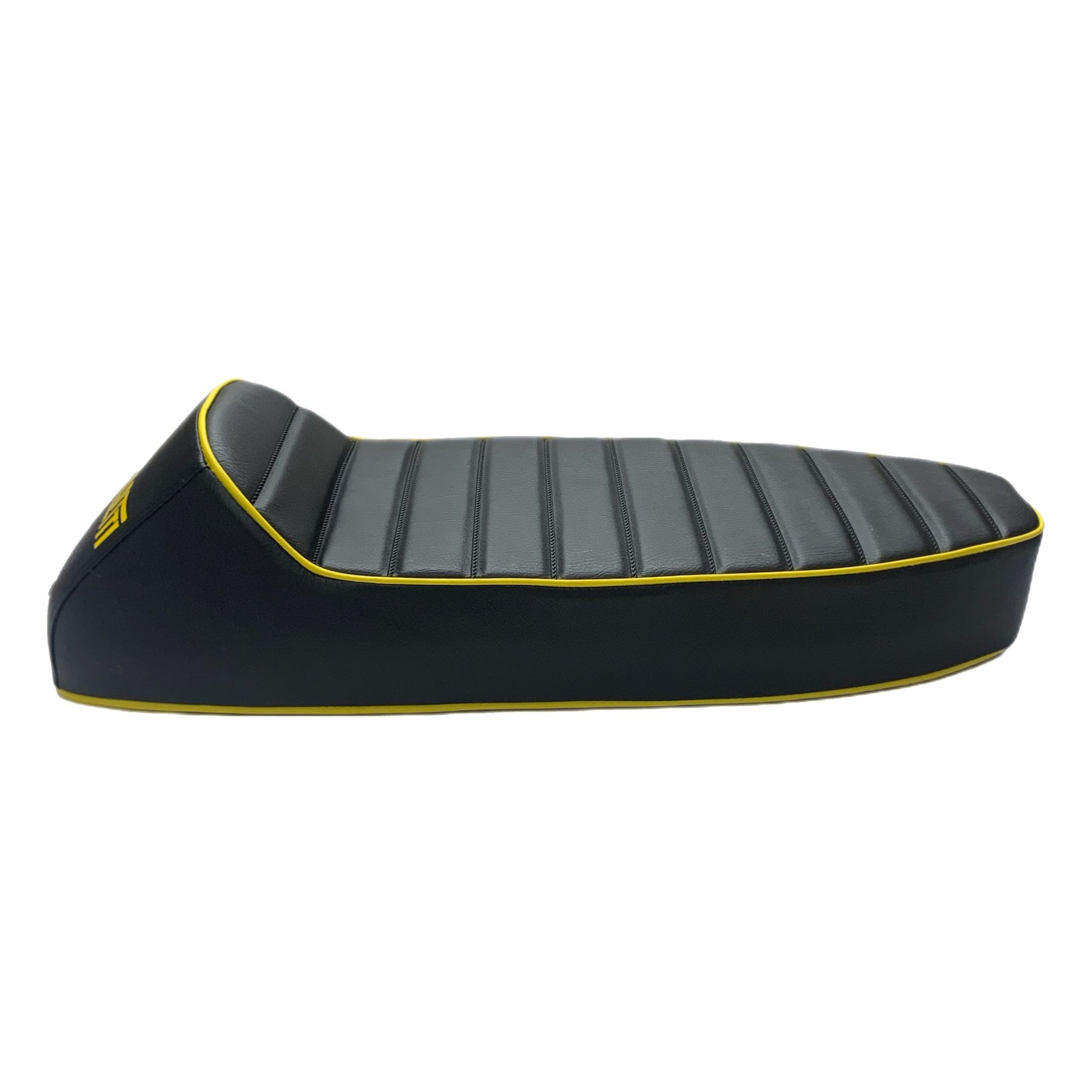 Vespa PX PE T5 Classic LML 2T Slope Back Ancillotti Seat with Logo & Double Pipings - Black with Yellow Piping & Logo