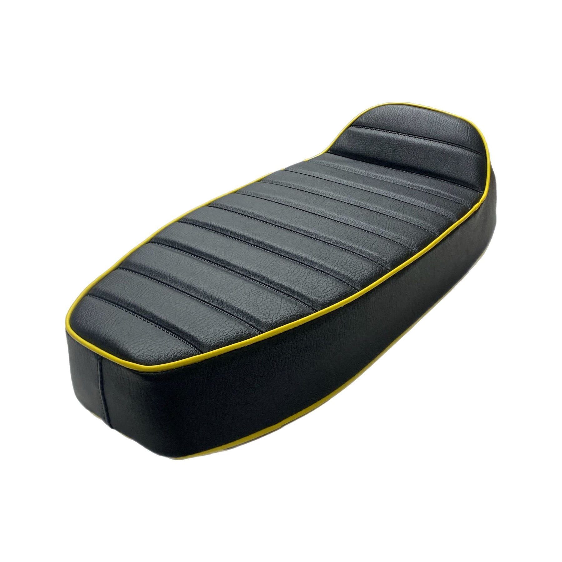 Vespa PX PE T5 Classic LML 2T Slope Back Ancillotti Seat with Logo & Double Pipings - Black with Yellow Piping & Logo
