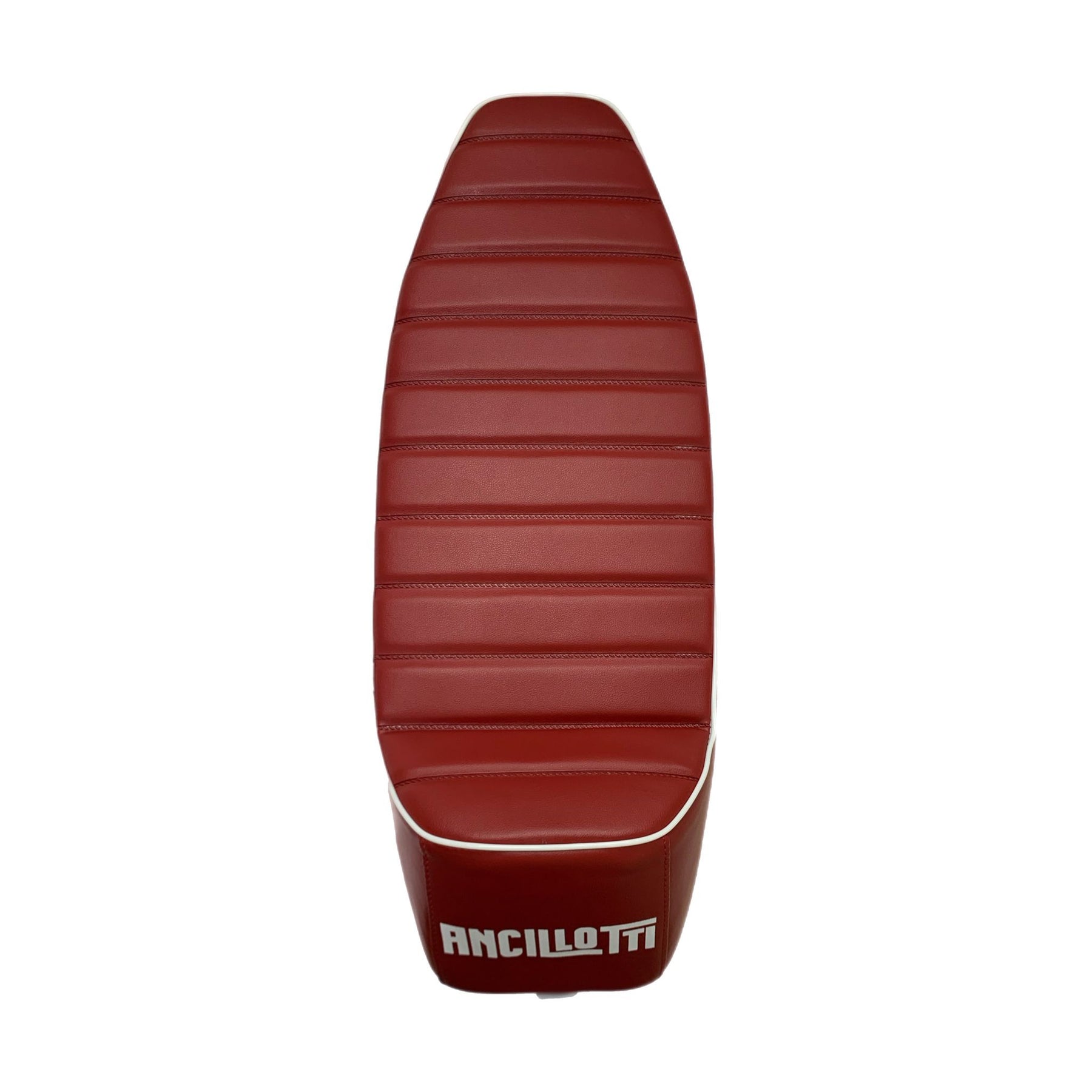 Vespa PX PE T5 Classic LML 2T Slope Back Ancillotti Seat with Logo & Double Pipings - Oxblood Red with White Piping & Logo
