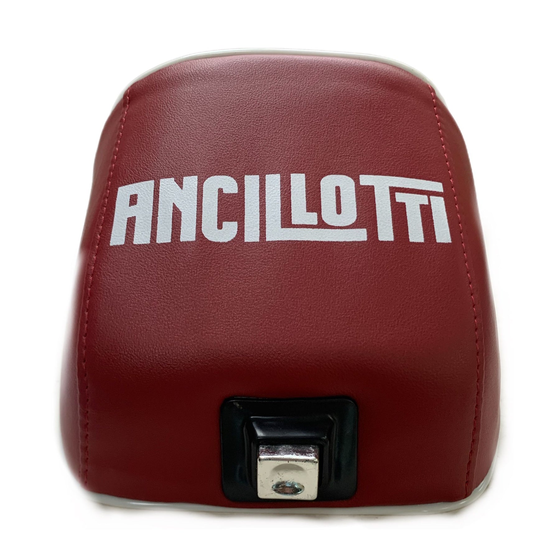 Vespa PX PE T5 Classic LML 2T Slope Back Ancillotti Seat with Logo & Double Pipings - Oxblood Red with White Piping & Logo