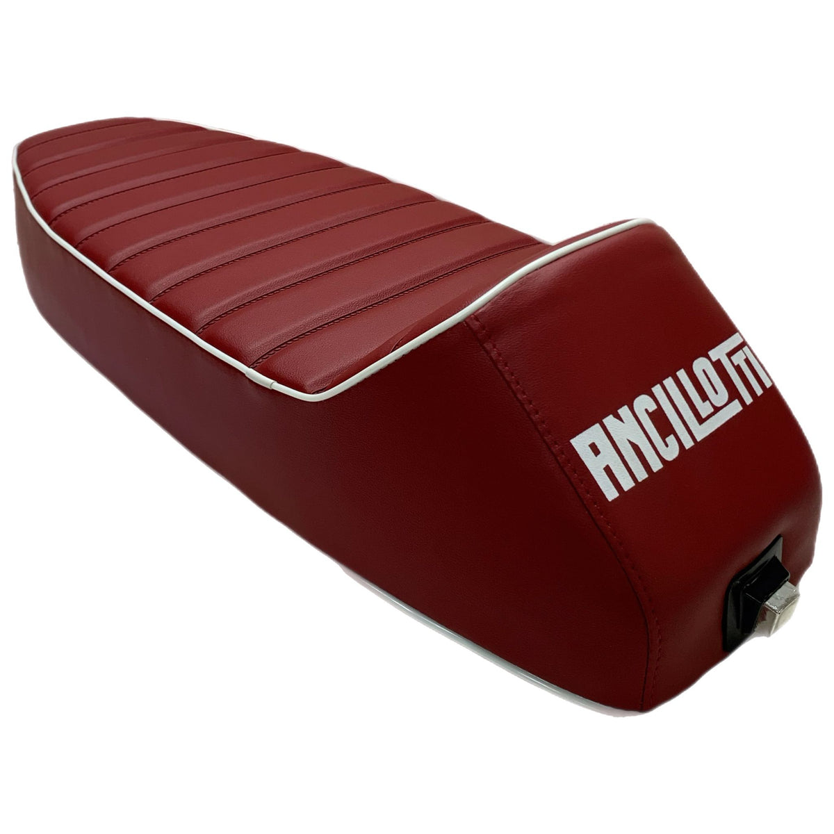 Vespa PX PE T5 Classic LML 2T Slope Back Ancillotti Seat with Logo & Double Pipings - Oxblood Red with White Piping & Logo