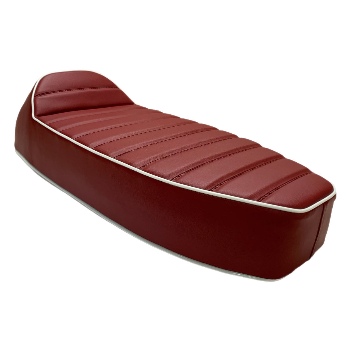 Vespa PX PE T5 Classic LML 2T Slope Back Ancillotti Seat with Logo & Double Pipings - Oxblood Red with White Piping & Logo