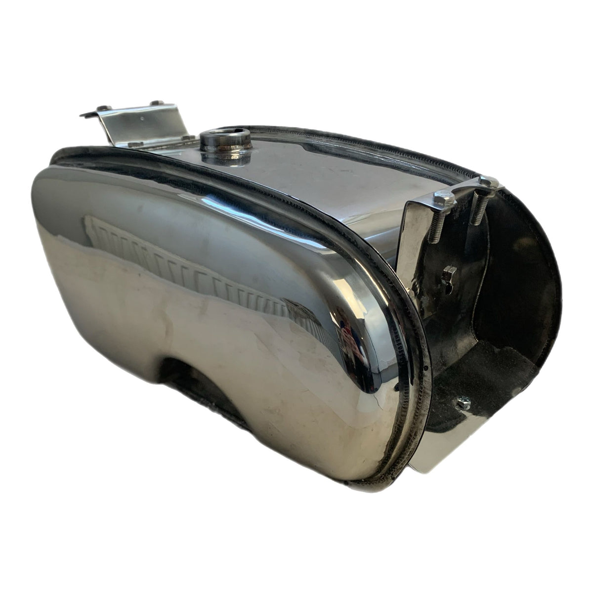 Lambretta TS1 Cut Out Long Range 17 litre petrol tank with built-in toolbox - Polished Stainless Steel