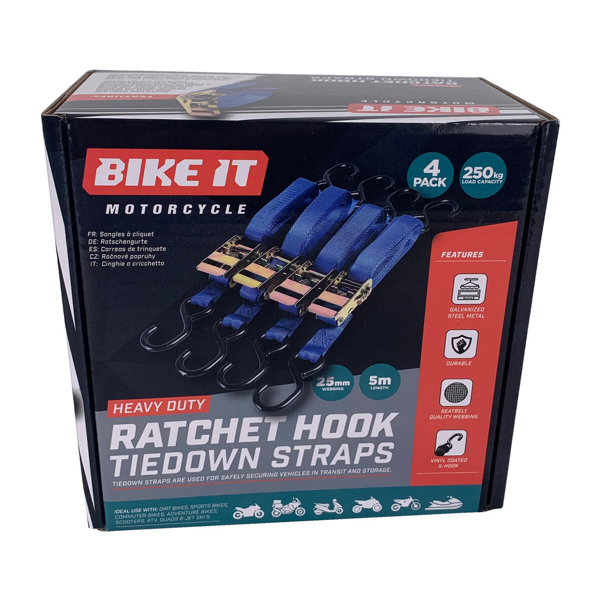 Bike It Tiedown Straps – 25mm x 5m with Ratchet Adjuster (4 Pack)