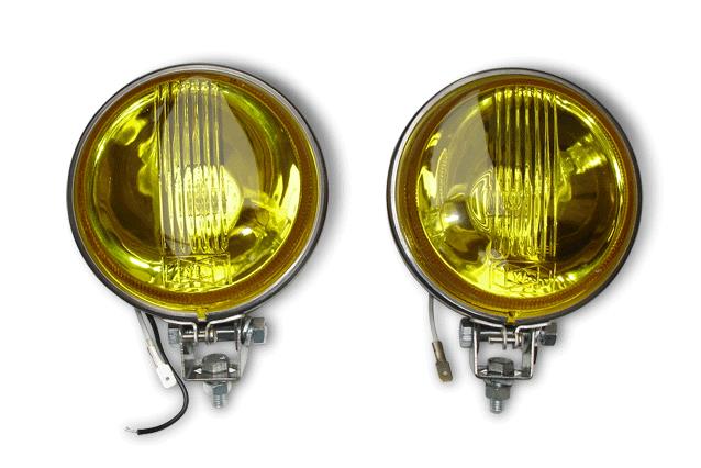 Vespa Lambretta Scooter Yellow Spot Light Lamp Flat Backed Stainless Steel 110mm 12V 55W - Pair