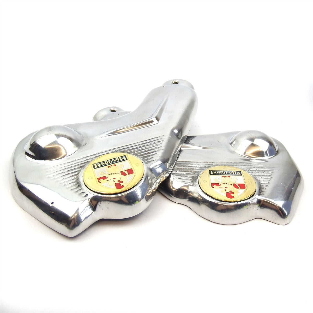 Lambretta Series 1 2 3 Li GP SX TV Front Fork Embellishers - Lambretta Shield - Polished Alloy