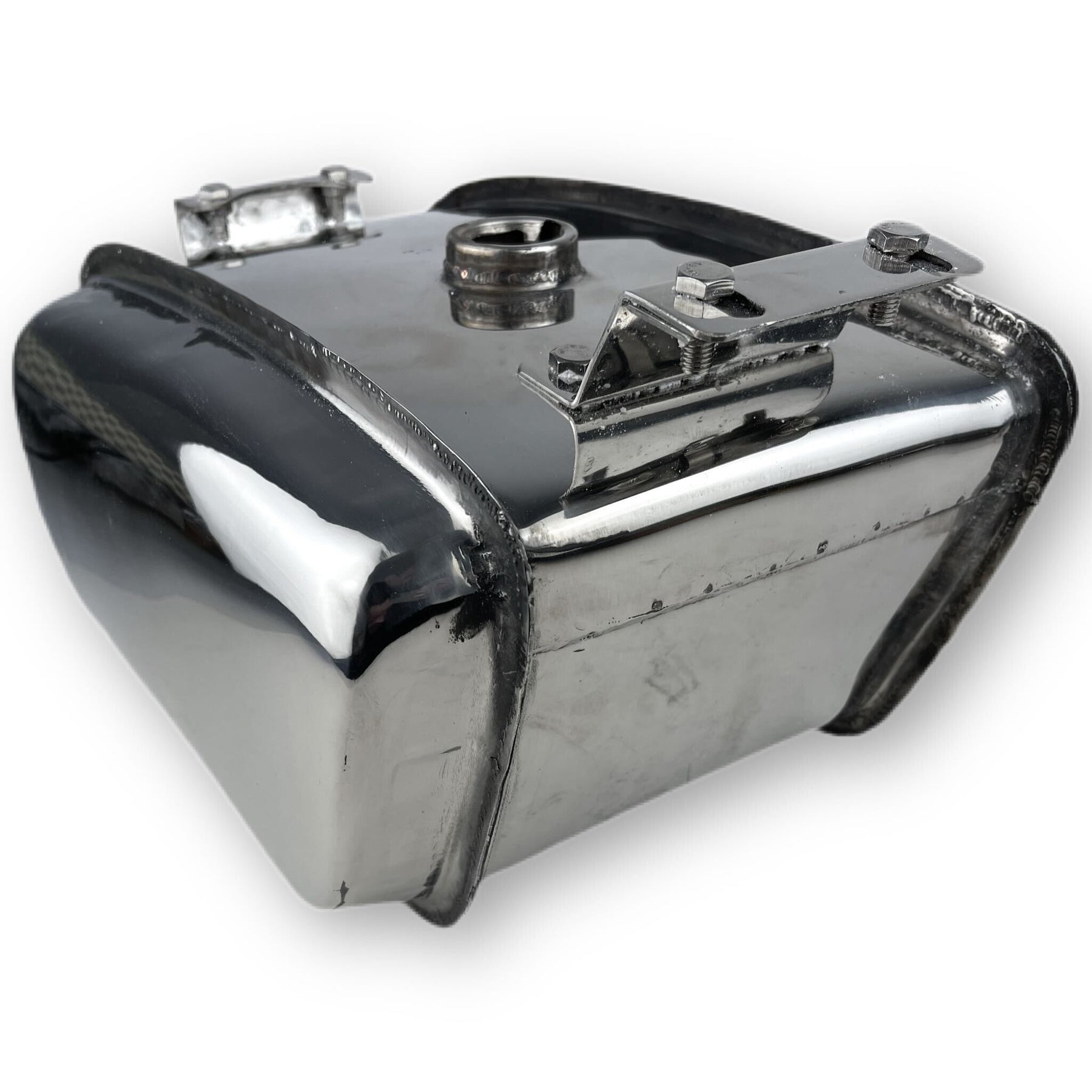 Lambretta TS1 Cut Out Long Range 17 litre petrol tank with built-in toolbox - Polished Stainless Steel