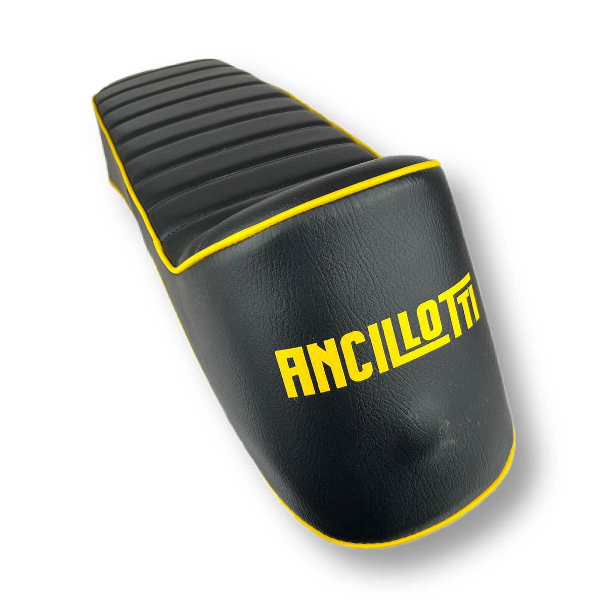 Lambretta Series 1-3 Li GP SX TV Ancillotti Slope Back Seat with Logo - Black with Yellow Logo and Piping