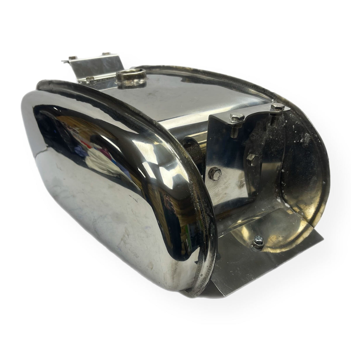 Lambretta Long Range 17 litre petrol tank with built-in toolbox - Polished Stainless Steel