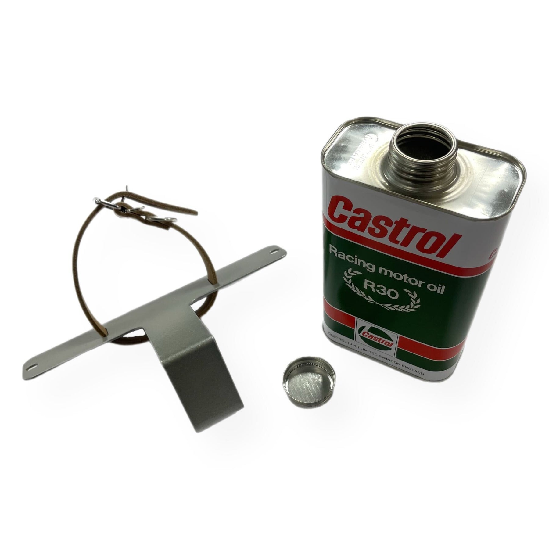 Lambretta Series 1 2 3 Li GP SX TV Spare Wheel Mounted Oil Can Holder with Castrol Can - Silver