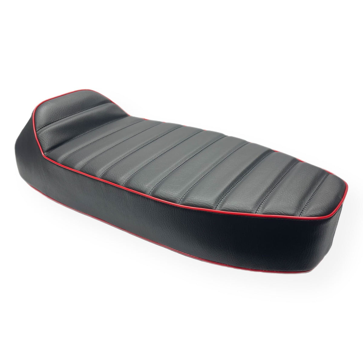 Vespa PX PE T5 Classic LML 2T Slope Back Ancillotti Seat with Logo & Double Pipings - Black with Red Piping & Logo