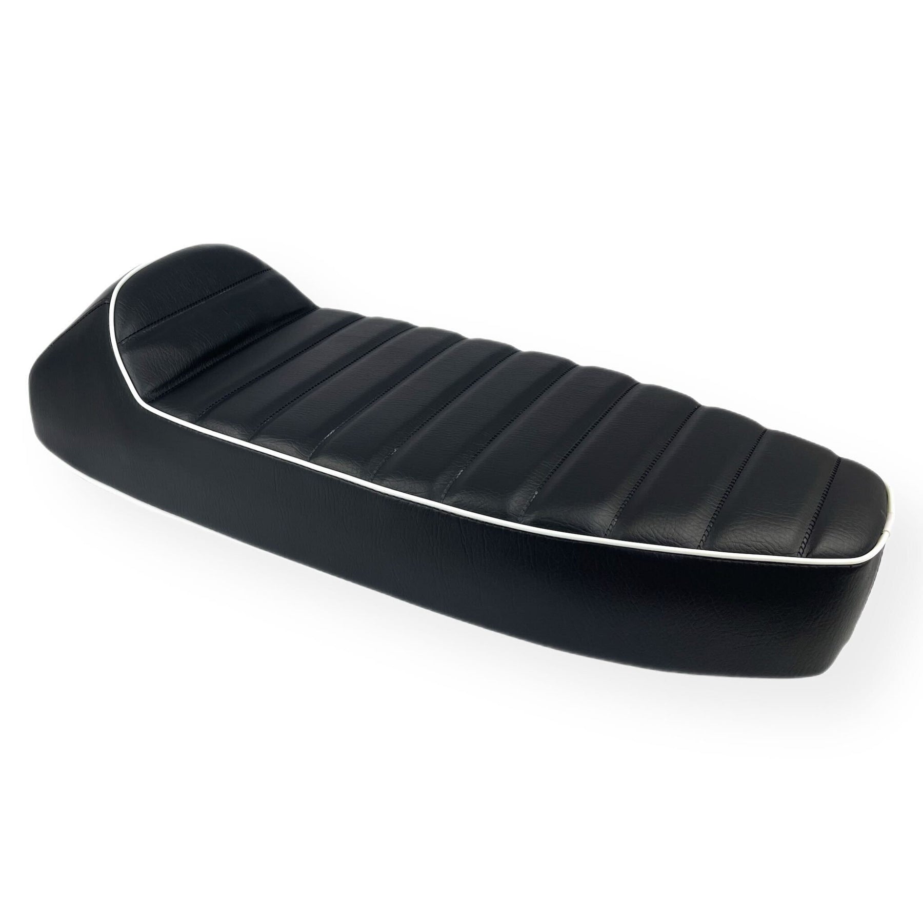 Vespa PX PE T5 Classic LML 2T Slope Back Ancillotti Seat with Logo & Double Pipings - Black with White Piping & Logo