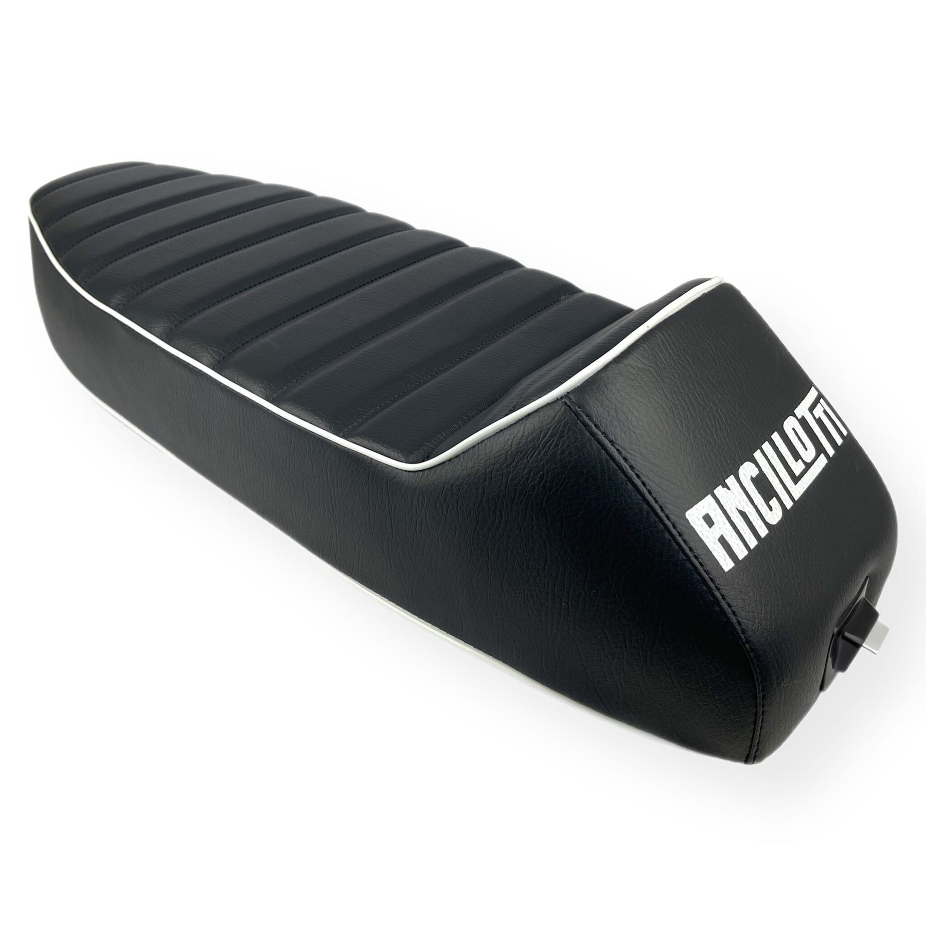 Vespa PX PE T5 Classic LML 2T Slope Back Ancillotti Seat with Logo & Double Pipings - Black with White Piping & Logo