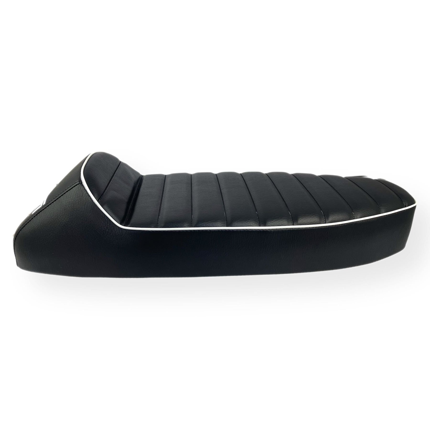Vespa PX PE T5 Classic LML 2T Slope Back Ancillotti Seat with Logo & Double Pipings - Black with White Piping & Logo
