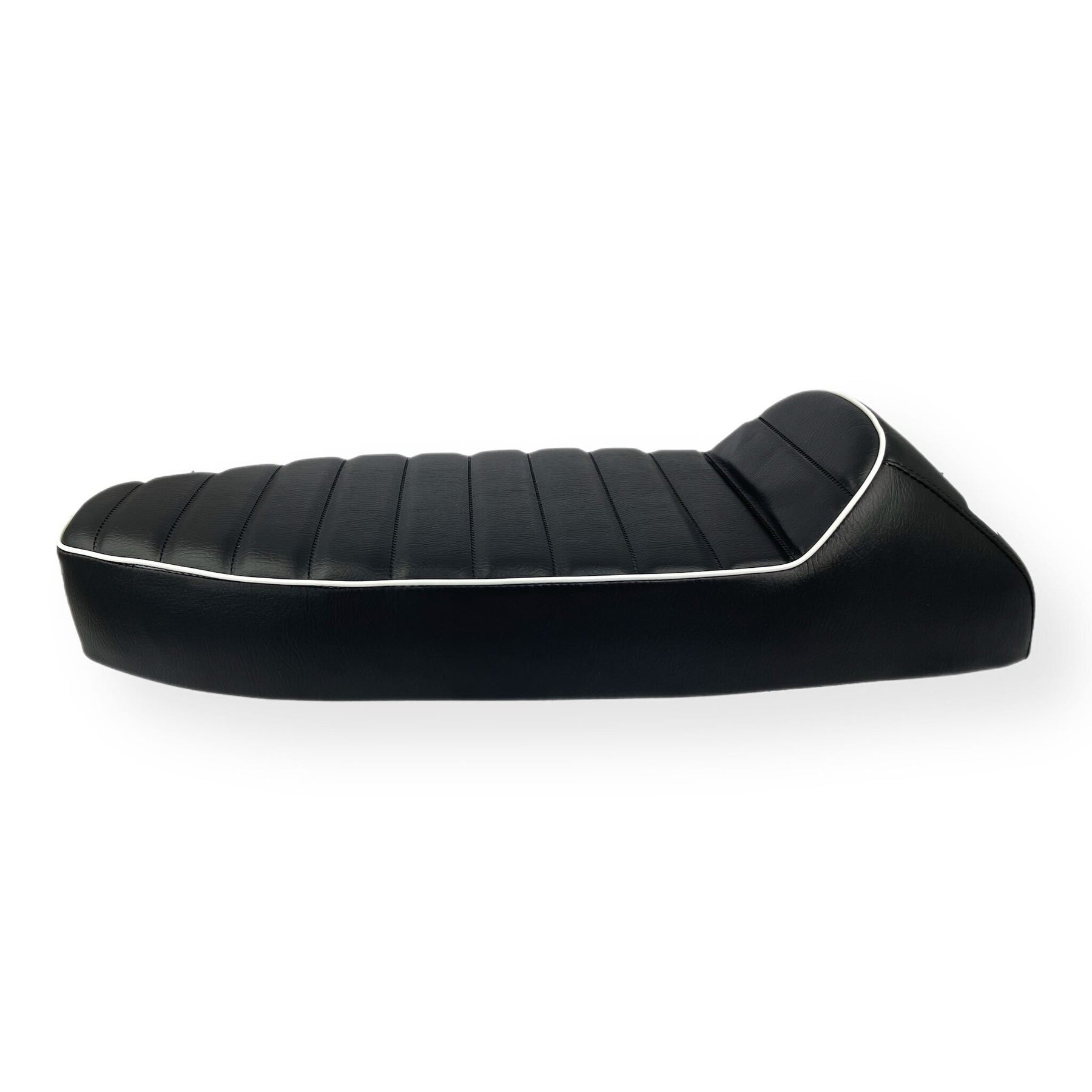Vespa PX PE T5 Classic LML 2T Slope Back Ancillotti Seat with Logo & Double Pipings - Black with White Piping & Logo