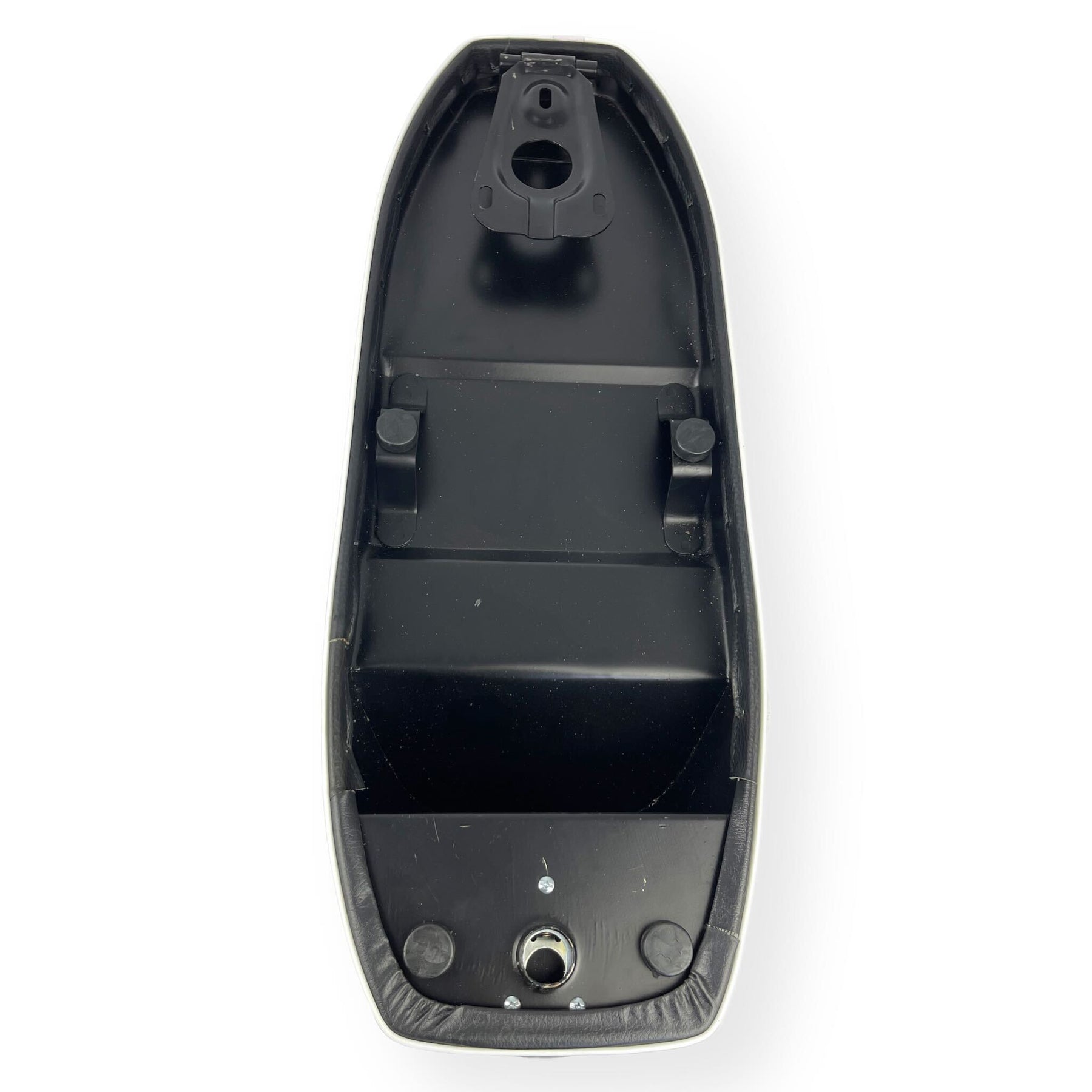Vespa PX PE T5 Classic LML 2T Slope Back Ancillotti Seat with Logo & Double Pipings - Black with White Piping & Logo