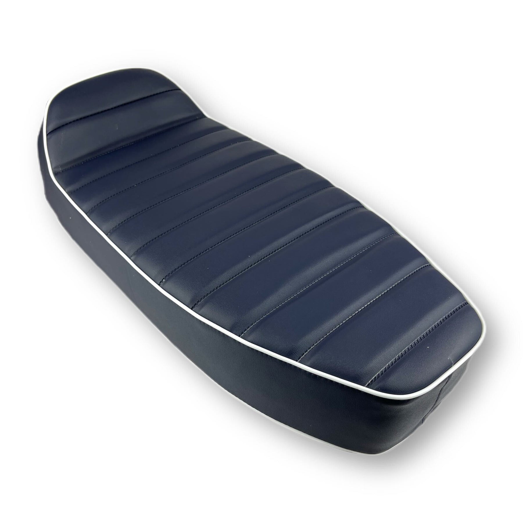 Vespa PX PE T5 Classic LML 2T Slope Back Ancillotti Seat with Logo & Double Pipings - Navy Blue with White Piping & Logo