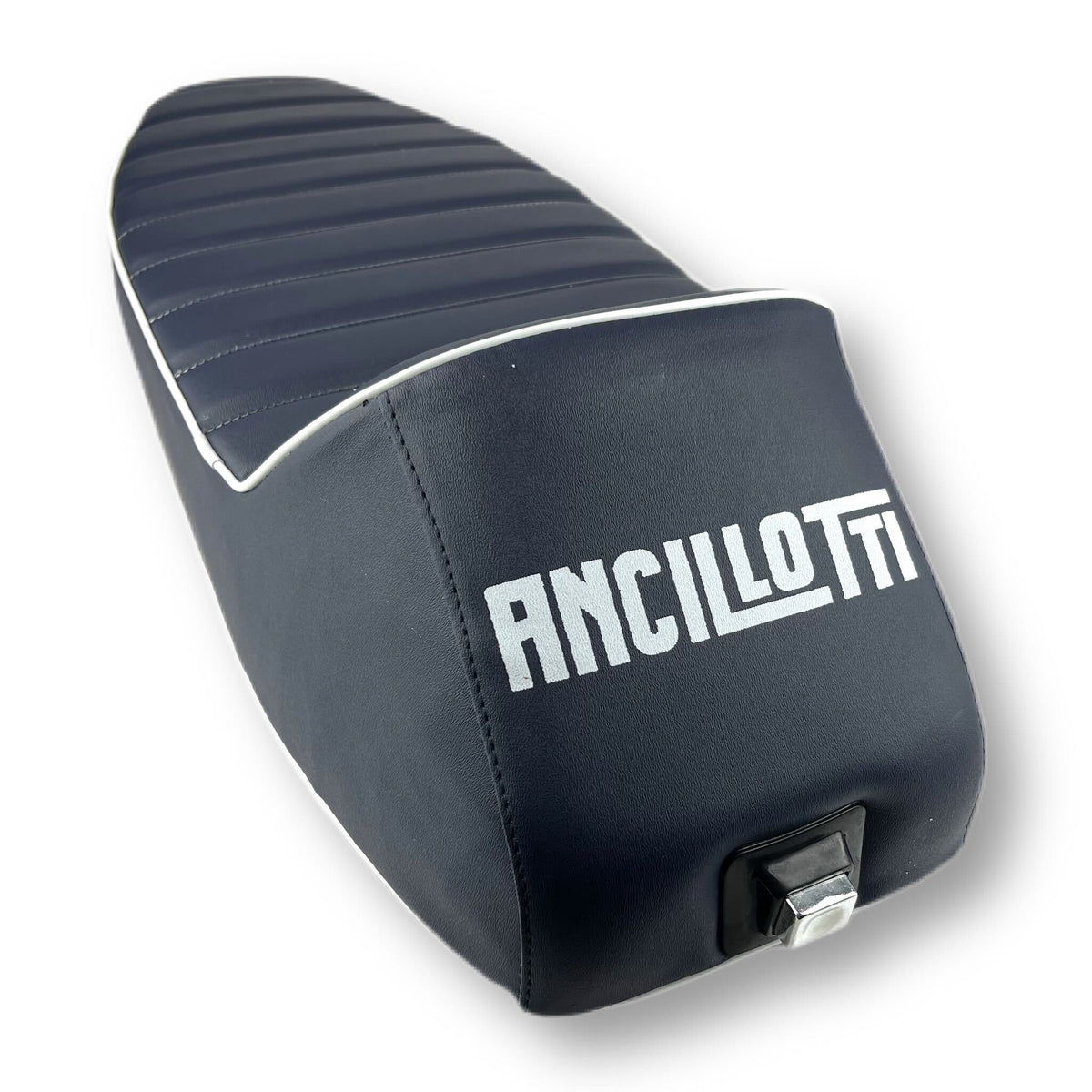 Vespa PX PE T5 Classic LML 2T Slope Back Ancillotti Seat with Logo & Double Pipings - Navy Blue with White Piping & Logo