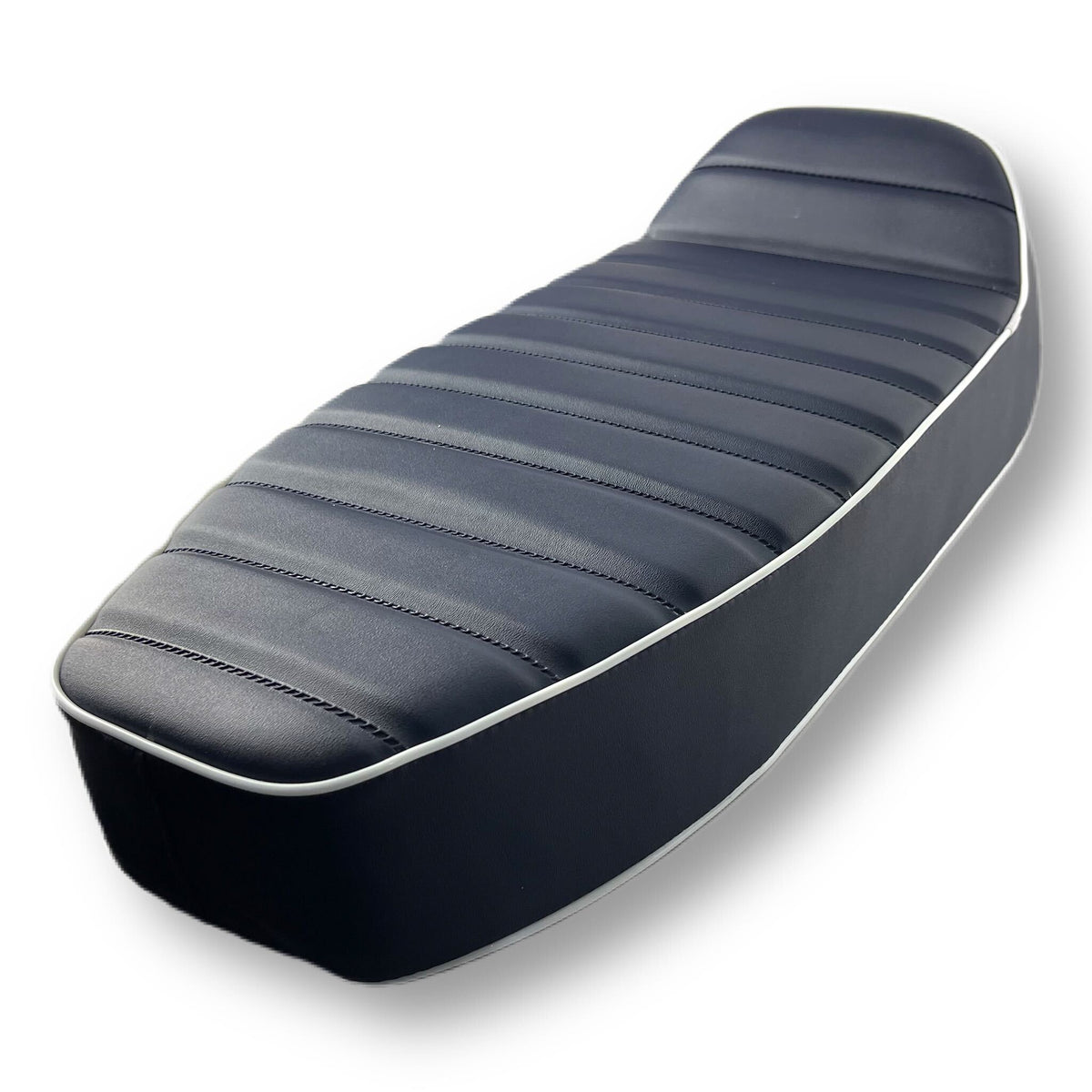 Vespa PX PE T5 Classic LML 2T Slope Back Ancillotti Seat with Logo & Double Pipings - Navy Blue with White Piping & Logo