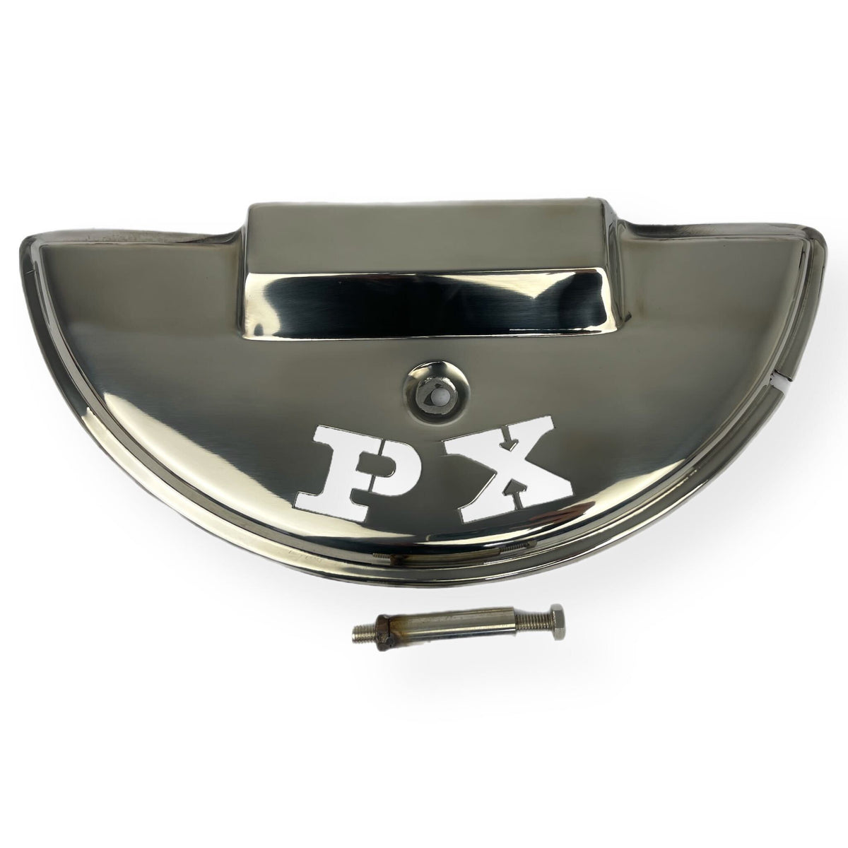 Vespa PX Spare Wheel Cover Laser Cut PX Logo - Polished Stainless Steel