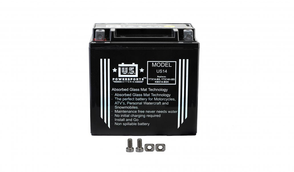US Powersports AGM 12v 14AH Sealed Battery US14 Replaces YTX14-BS, YTX14H-BS, KMX14-BSK