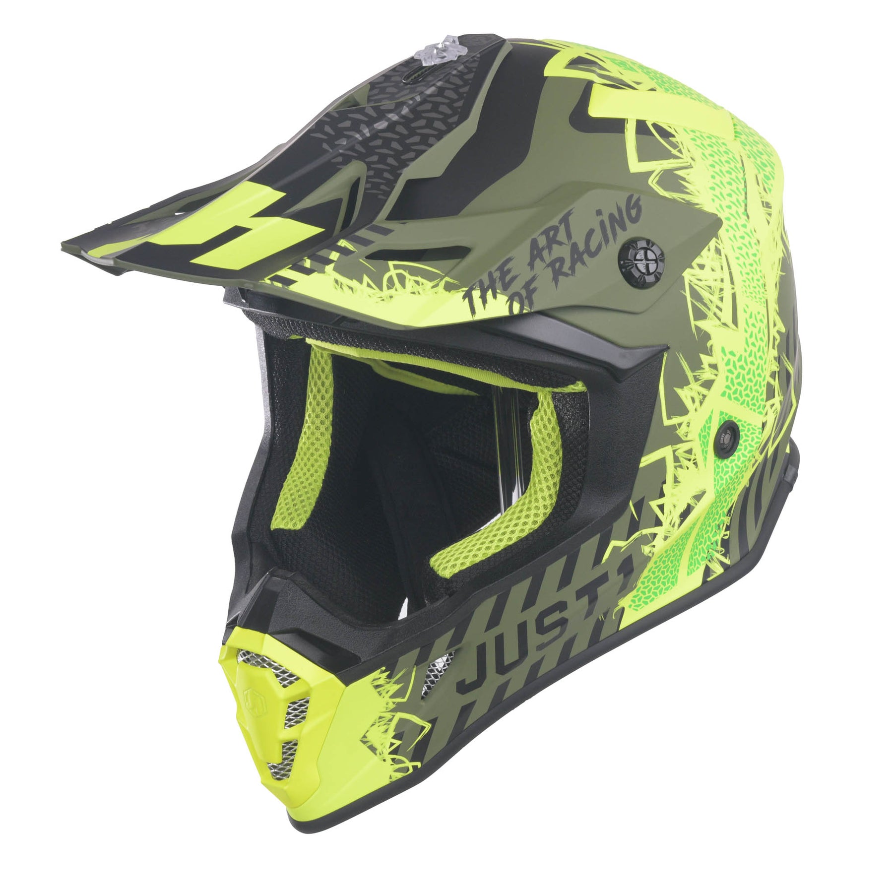 Just1 J38 Motocross MX Motorbike Helmet Mask Fluo Yellow/Black/Army Green Matt