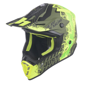 Just1 J38 Motocross MX Motorbike Helmet Mask Fluo Yellow/Black/Army Green Matt